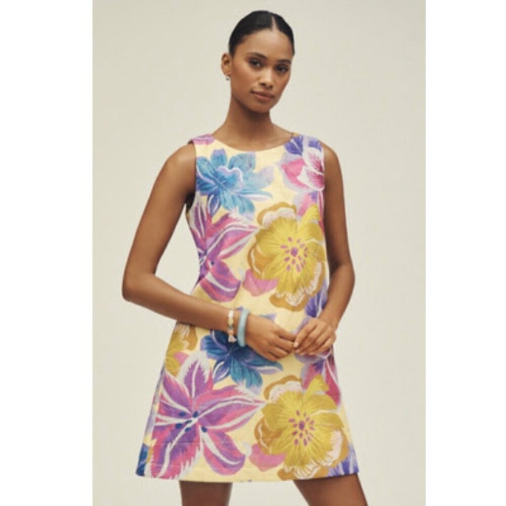 Farm Rio x Anthropologie Sleeveless Mini Shift Dress Lavender Yellow Floral S